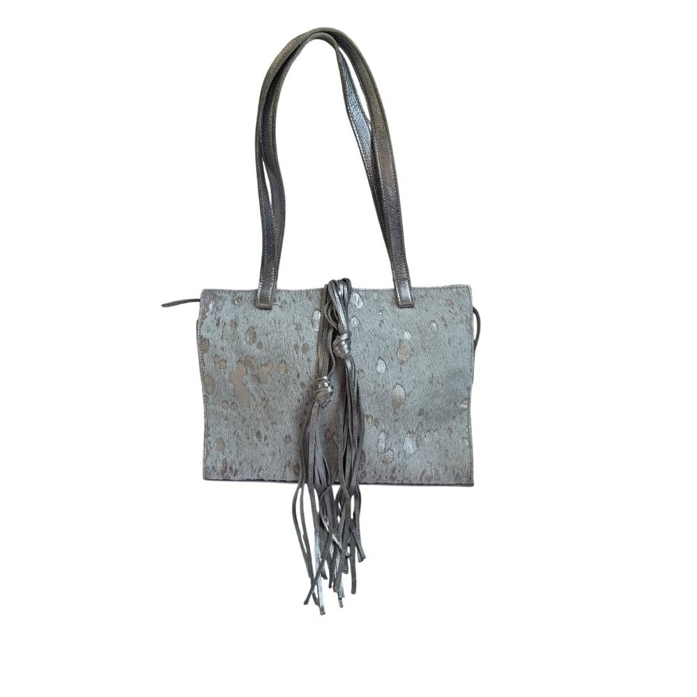 Overland Sheepskin Co. Sonoma Metallic Silver Leather Handbag With Cowhide Front